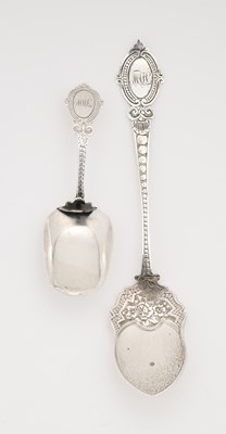 Lot 77 - THREE VICTORIAN SILVER CADDY SPOONS AND A SUGAR SPOON, GEORGE UNITE, BIRMINGHAM, 1862-78