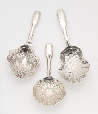 Lot 73 - THREE VICTORIAN SILVER CADDY SPOONS, HILLIARD & THOMASON, BIRMINGHAM, 1859 / 65 / 79