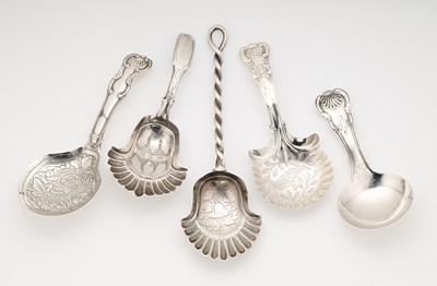 Lot 70 - FIVE GEORGIAN SILVER CADDY SPOONS, BIRMINGHAM, 1817-34