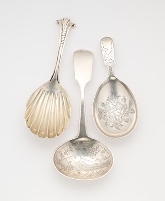 Lot 78 - THREE VICTORIAN SILVER CADDY SPOONS, LIAS & SON, LONDON, 1837-71