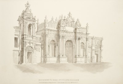 Lot 279 - TWO PENCIL SKETCHES OF THE DOLMABAHCE PALACE, TURKEY, CIRCA 1900