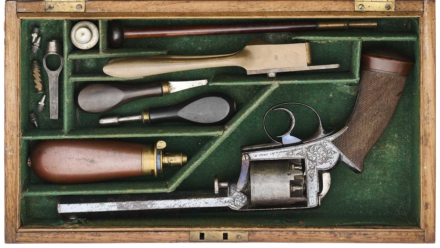 Lot 388 - A RARE CASED 56 BORE PERCUSSION EARLY ADAMS PATENT 1851 MODEL SELF-COCKING FIVE-SHOT REVOLVER