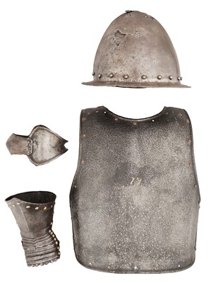Lot 595 - A ‘SPANISH’ CABASSET, PROBABLY NORTH ITALIAN, A EUROPEAN BACK-PLATE, A BRACELET COUTER