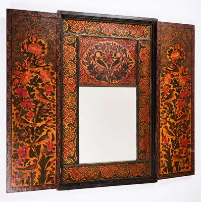 Lot 370 - A REVERSE GLASS AND WOOD PAINTED MIRROR, PERSIA, 20TH CENTURY