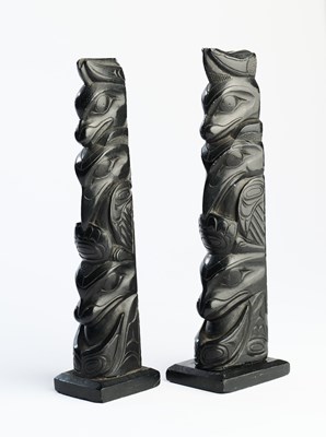 Lot 582 - A PAIR OF HAIDA ARGILLITE TOTEM POLES, NORTHWEST COAST OF AMERICA, LATE 19TH CENTURY OR LATER