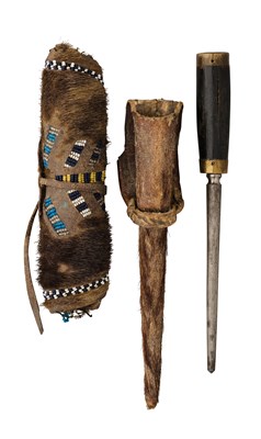 Lot 584 - A BEADED NORTH AMERICAN NATIVE BEAVER PELT POUCH, AND A BLADE SHARPENING STEEL, 19TH CENTURY