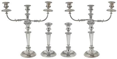 Lot 426 - SET OF FOUR SILVER CANDLESTICKS AND A PAIR OF SHEFFIELD PLATE