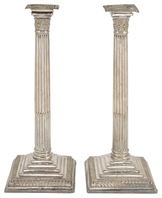 Lot 444 - A PAIR OF GEORGE III SHEFFIELD PLATE CANDLESTICKS