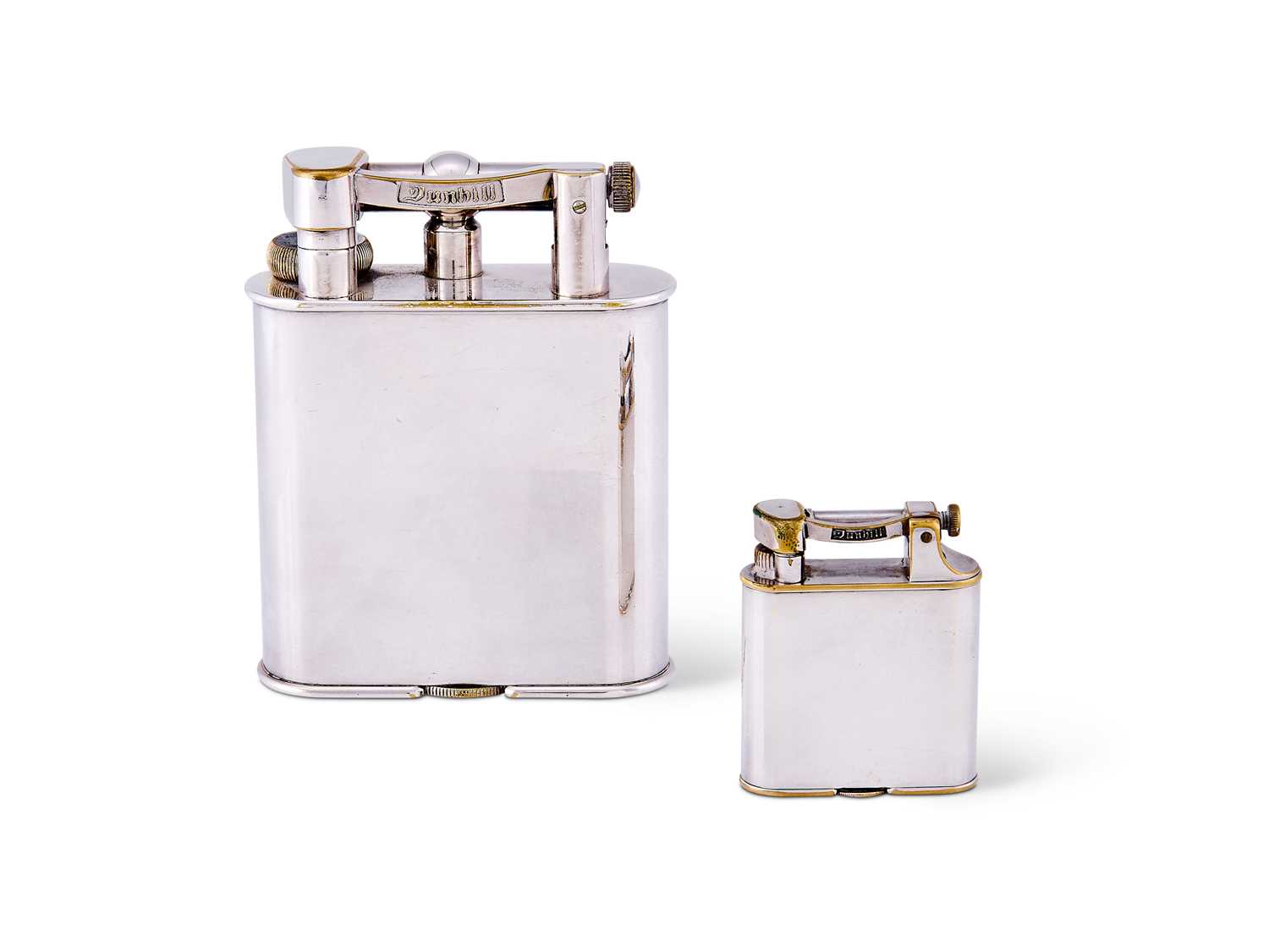 Lot 304 - DUNHILL: AN ELECTROPLATE 'UNIQUE' PATTERN TABLE LIGHTER AND A MATCHING POCKET LIGHTER, ALFRED DUNHILL LTD., LONDON, 1930s