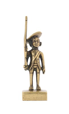 Lot 47 - A BRASS GAMING PIECE IN THE FORM OF A SEPOY IN EUROPEAN UNIFORM, VIZAGAPATAM, CIRCA 1795