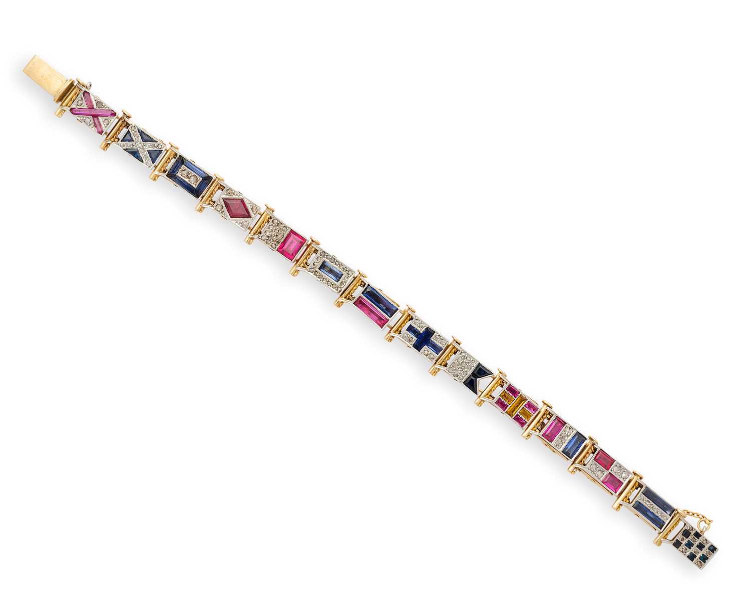 Lot 440 - GOLD, GEM-SET AND DIAMOND NAUTICAL FLAG BRACELET, 1920s