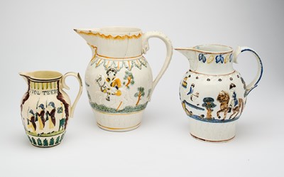 Lot 535 - A GROUP OF THREE ENGLISH POTTERY MILITARY SUBJECT JUGS