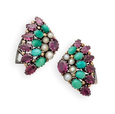 Lot 400 - DORRIE NOSSITER, PAIR OF GARNET, TURQUOISE AND PEARL DRESS CLIPS, 1930s