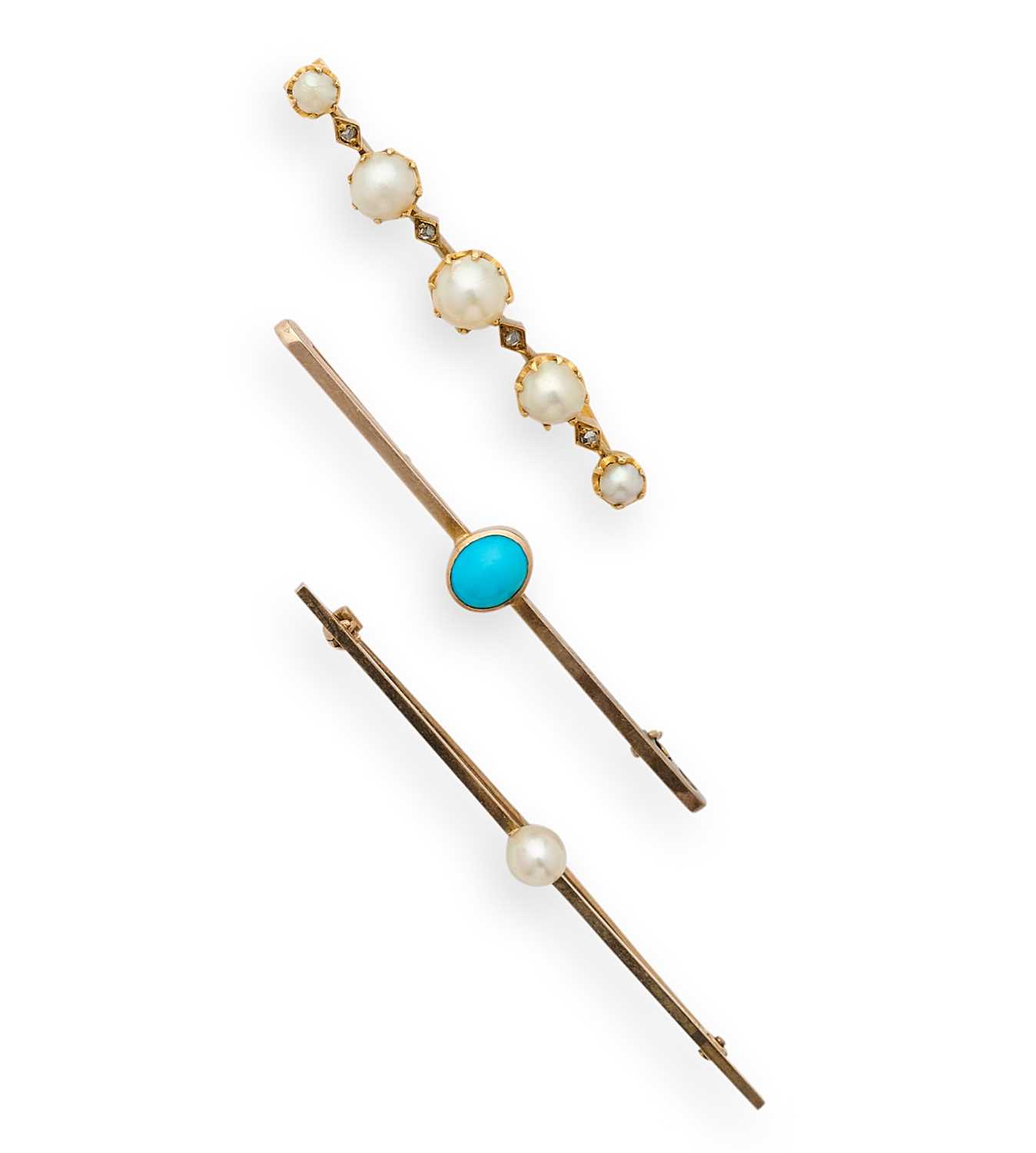 Lot 338 - THREE VICTORIAN GOLD AND GEM-SET BAR BROOCHES, 1900s