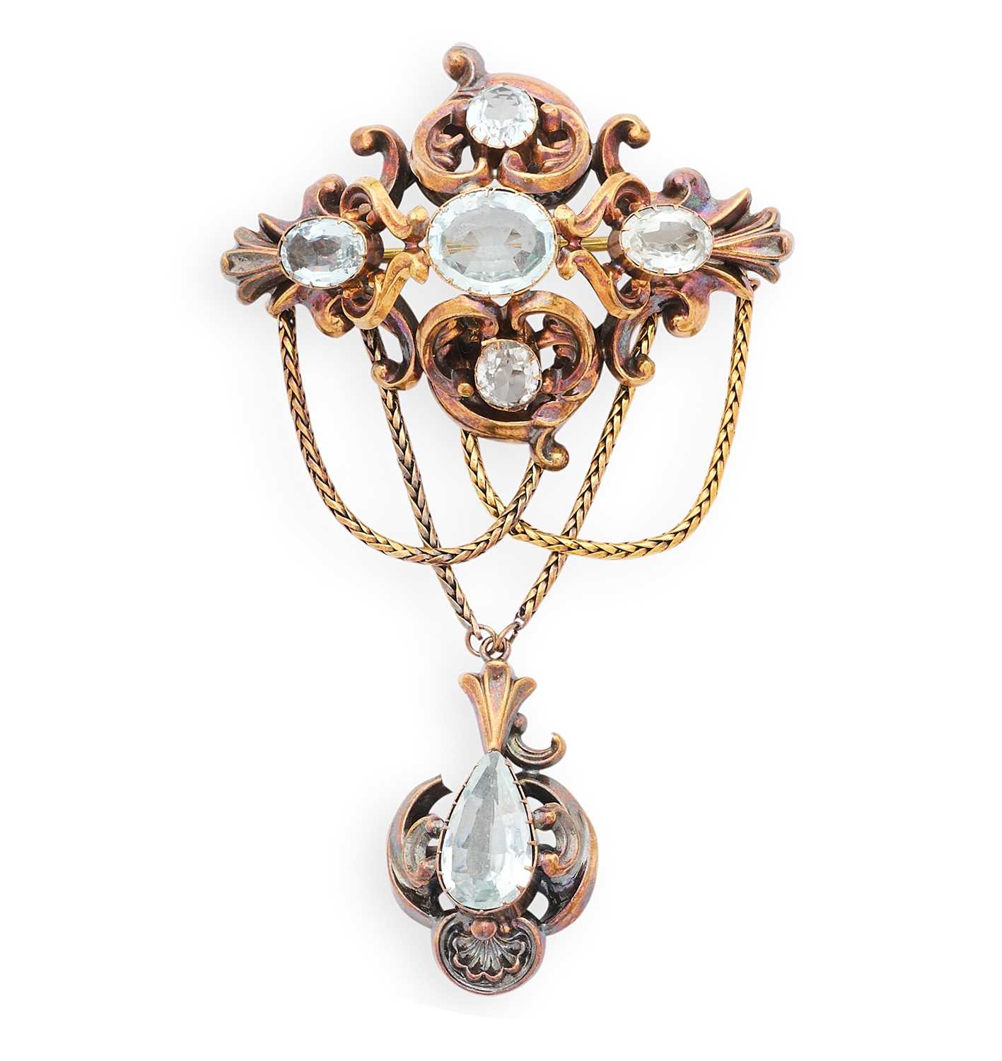 Lot 356 - VICTORIAN GOLD AND AQUAMARINE BROOCH, 1850s