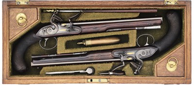 Lot 111 - A FINE CASED PAIR OF 32 BORE FLINTLOCK DUELLING PISTOLS BY H. W. MORTIMER, LONDON