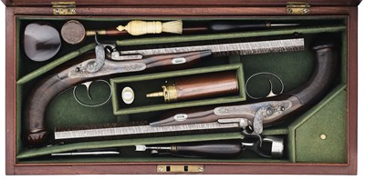 Lot 124 - A FINE CASED PAIR OF 50 BORE PERCUSSION RIFLED DUELLING OR TARGET PISTOLS BY C. MOORE