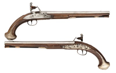 Lot 76 - A LONG PAIR OF 22 BORE FLINTLOCK SILVER-MOUNTED HOLSTER PISTOLS BY BARBAR OF LONDON