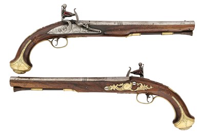 Lot 97 - A RARE PAIR OF IRISH 22 BORE FLINTLOCK RIFLED HOLSTER PISTOLS BY F. LORD OF DUBLIN, CIRCA 1770