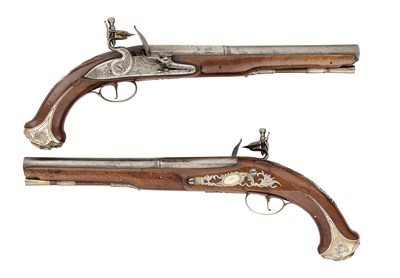 Lot 98 - A RARE PAIR OF IRISH 16 BORE FLINTLOCK SILVER-MOUNTED FLINTLOCK HOLSTER PISTOLS BY L.S ALLEY OF