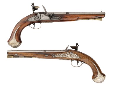 Lot 80 - A RARE PAIR OF 20 BORE FLINTLOCK SILVER-MOUNTED HOLSTER PISTOLS BY G. WALLIS, HULL