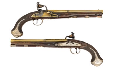 Lot 112 - A VERY RARE PAIR OF 20 BORE FLINTLOCK SILVER-MOUNTED PISTOLS BY H.W. MORTIMER, MAKER TO THE KING