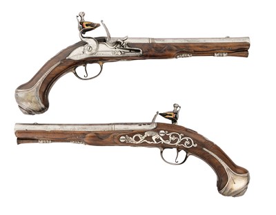 Lot 67 - A RARE PAIR OF 18 BORE FLINTLOCK SILVER-MOUNTED HOLSTER PISTOLS BY ROB.T HARVEY OF LONDON