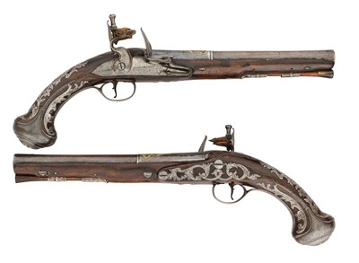 Lot 79 - A RARE PAIR OF 16 BORE FLINTLOCK HOLSTER PISTOLS BY FREEMAN, LONDON, CIRCA 1740-50