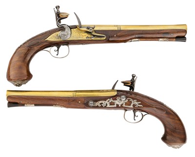 Lot 73 - A PAIR OF 18 BORE FLINTLOCK SILVER-MOUNTED HOLSTER PISTOLS BY TURVEY, HOLBORN, LONDON