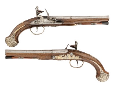 Lot 81 - A PAIR OF 20 BORE FLINTLOCK SILVER-MOUNTED HOLSTER PISTOLS BY COLLUMBELL, LONDON, MID-18TH CENTURY