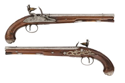 Lot 107 - A PAIR OF 22 BORE FLINTLOCK SILVER-MOUNTED HOLSTER PISTOLS BY GRIFFIN & TOW, LONDON