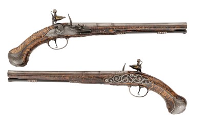 Lot 53 - A PAIR OF 25 BORE FLINTLOCK HOLSTER PISTOLS BY I. SHAW, LONDINI, LATE 17TH CENTURY AND LATER