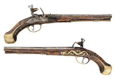 Lot 51 - A RARE PAIR OF ENGLISH 22-BORE FLINTLOCK HOLSTER PISTOLS BY THOMAS (1) BANISTER