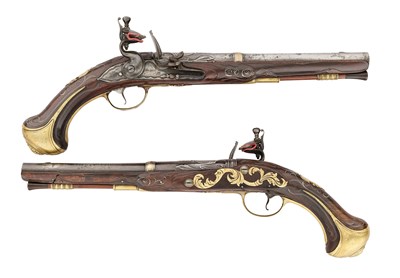Lot 58 - A RARE PAIR OF 16 BORE FLINTLOCK HOLSTER PISTOLS BY DOLEP, LONDINI, CIRCA 1700