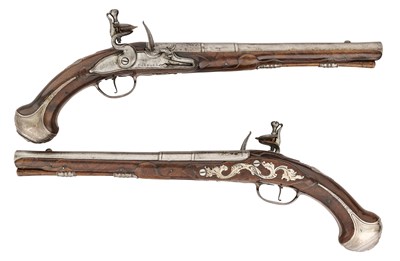 Lot 77 - A RARE PAIR OF 16 BORE FLINTLOCK SILVER-MOUNTED HOLSTER PISTOLS BY BARBAR OF LONDON