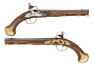 Lot 60 - A FINE AND RARE PAIR OF 20 BORE FLINTLOCK HOLSTER PISTOLS BY DOLEP OF LONDON, CIRCA 1710-15