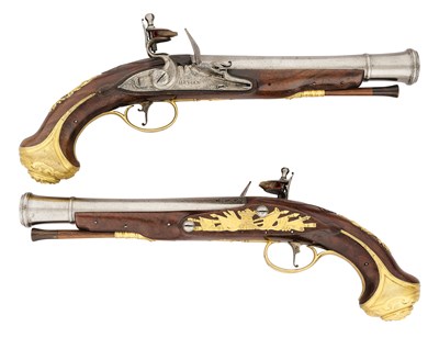 Lot 87 - A FINE PAIR OF FLINTLOCK BLUNDERBUSS-PISTOLS WITH ORMOLU MOUNTS BY HEYLIN, CORN HILL, LONDON