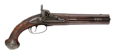 Lot 78 - AN 18 BORE PERCUSSION OVER-AND-UNDER HOLSTER PISTOL BY JAMES BARBAR OF LONDON, CIRCA 1765