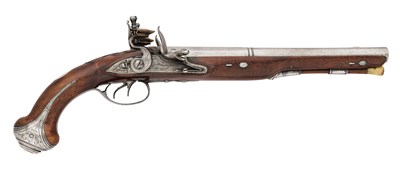 Lot 102 - A RARE 28 BORE FLINTLOCK D.B. CARRIAGE PISTOL BY HENRY HADLEY, LONDON, CIRCA 1765