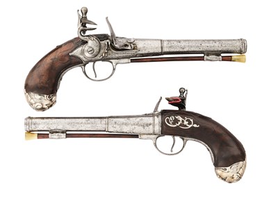 Lot 69 - A PAIR OF 22 BORE FLINTLOCK PISTOLS BY I. SCAMADINE OF LONDON, CIRCA 1725
