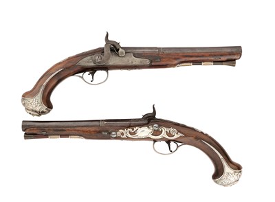Lot 99 - A PAIR OF 25 BORE PERCUSSION SILVER-MOUNTED HOLSTER PISTOLS BY W. BAILES, LONDON