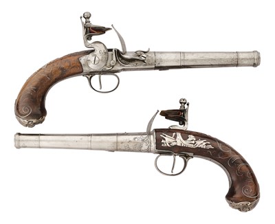 Lot 93 - A FINE PAIR OF 24 BORE FLINTLOCK SILVER-MOUNTED TURN-OFF PISTOLS BY CLARKSON, LONDON, CIRCA 1765