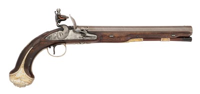 Lot 105 - A RARE 22 BORE FLINTLOCK SILVER-MOUNTED DUELLING PISTOL BY TWIGG, LONDON