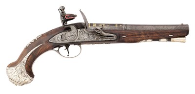 Lot 101 - A FINE 20 BORE FLINTLOCK SILVER-MOUNTED HOLSTER PISTOL BY H. HADLEY, LONDON