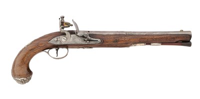 Lot 106 - A 16 BORE FLINTLOCK SILVER-MOUNTED HOLSTER PISTOL BY PROCTOR OF LONDON