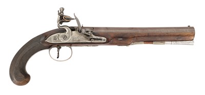 Lot 113 - A RARE IRISH 20 BORE FLINTLOCK SILVER-MOUNTED DUELLING PISTOL BY WALLACE, DUBLIN