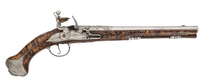 Lot 64 - A 22 BORE FLINTLOCK HOLSTER PISTOL, THE LOCK INSCRIBED I. LE MAIRE, PREDOMINATELY LATE 17TH CENTURY