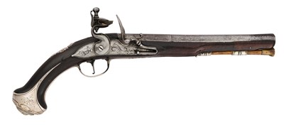 Lot 83 - AN 18 BORE FLINTLOCK SILVER-MOUNTED HOLSTER PISTOL BY H. DELANY, LONDINI, CIRCA 1725-30