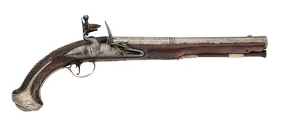 Lot 94 - AN IRISH 13 BORE FLINTLOCK SILVER-MOUNTED HOLSTER PISTOL SIGNED GOVERS, DUBLIN, DATED 1756