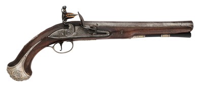 Lot 100 - A 20 BORE FLINTLOCK SILVER-MOUNTED HOLSTER PISTOL BY GRIFFIN, LONDON
